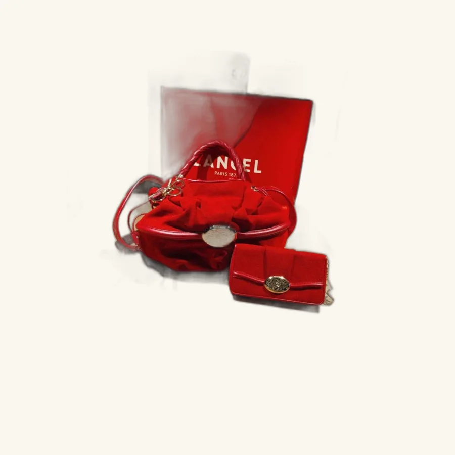 Sac Lancel BB en Alcantara rouge et son porte monnaie